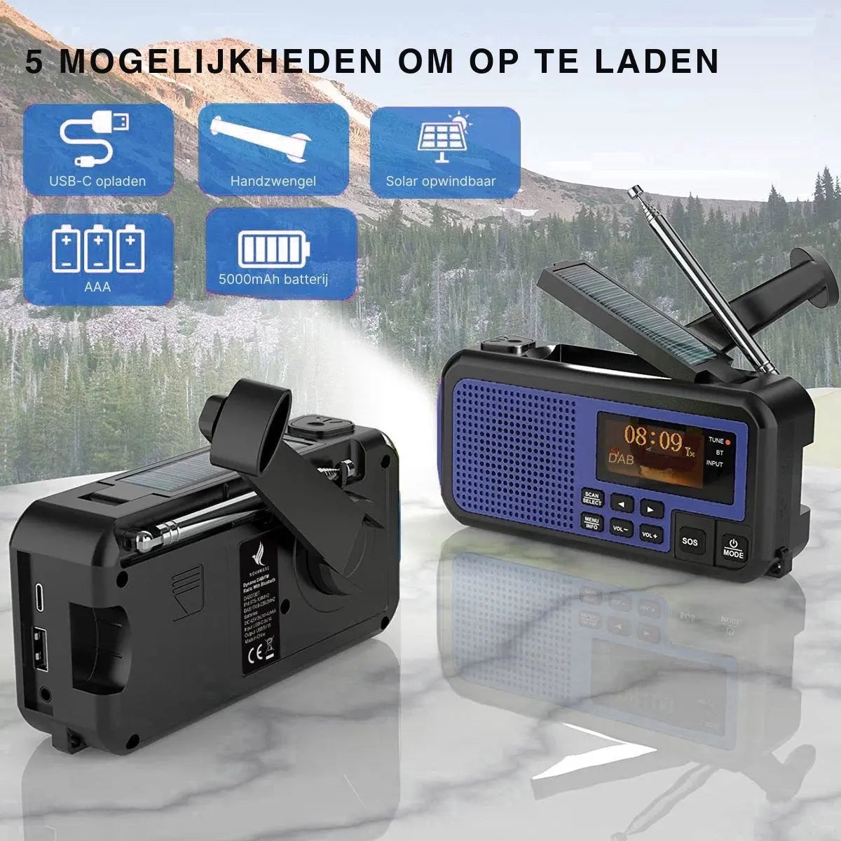 Stroomuitvalhulp | Noodradio Solar & Opwindbaar – 5000mAh Powerbank – DAB+/FM Stroomuitvalhulp