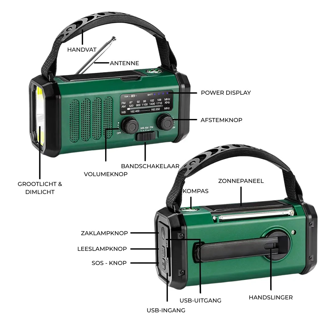 Noodradio met Powerbank, Zaklamp & Zonne-oplading Seruva
