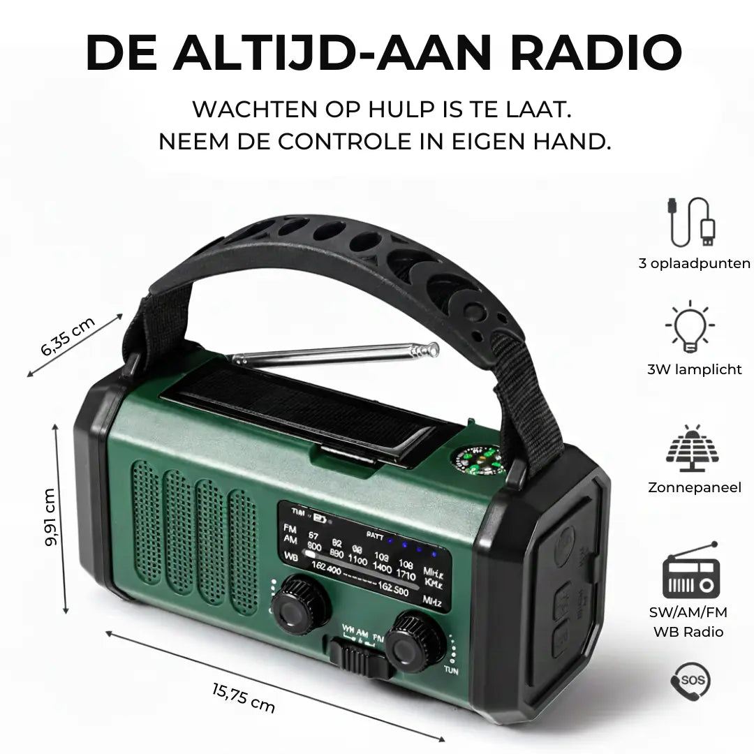 Noodradio met Powerbank, Zaklamp & Zonne-oplading Seruva
