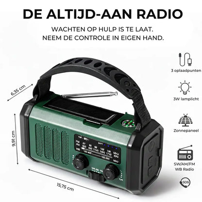 Noodradio met Powerbank, Zaklamp & Zonne-oplading Seruva