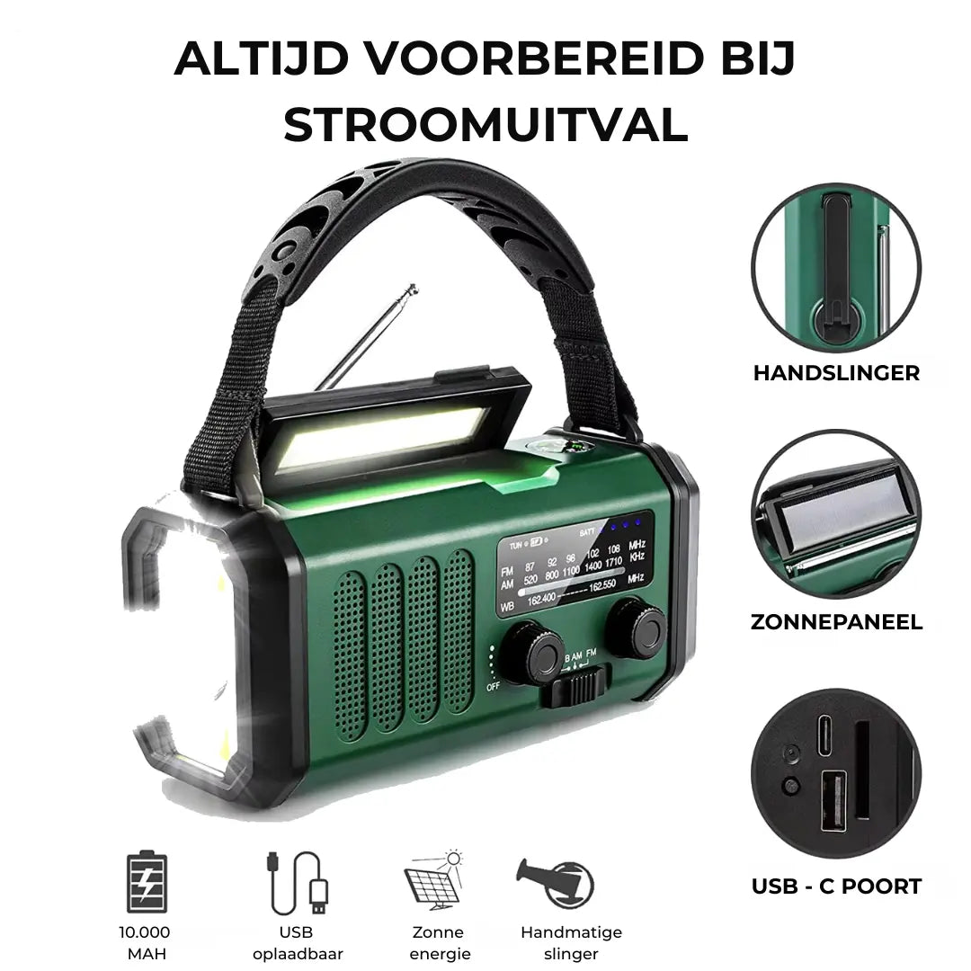Noodradio met Powerbank, Zaklamp & Zonne-oplading Seruva