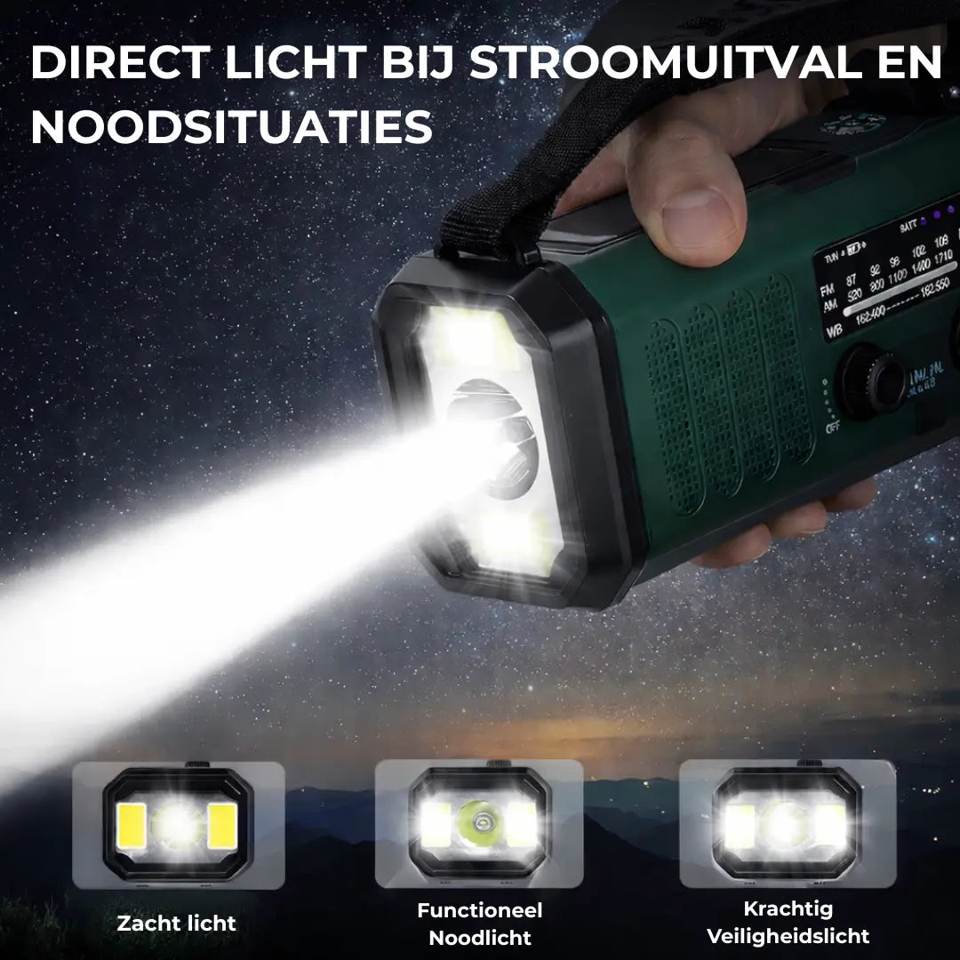 Noodradio met Powerbank, Zaklamp & Zonne-oplading Seruva