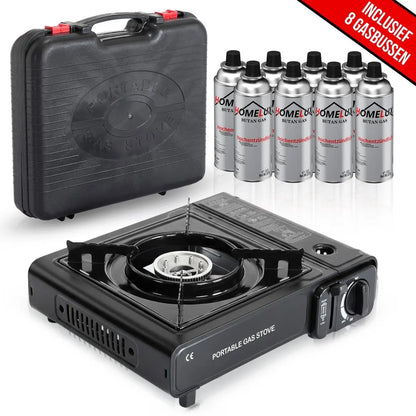 Hikemeister® Camping Kooktoestel 1-Pit 2200W – Incl. 8 Gasbussen & Koffer Stroomuitvalhulp