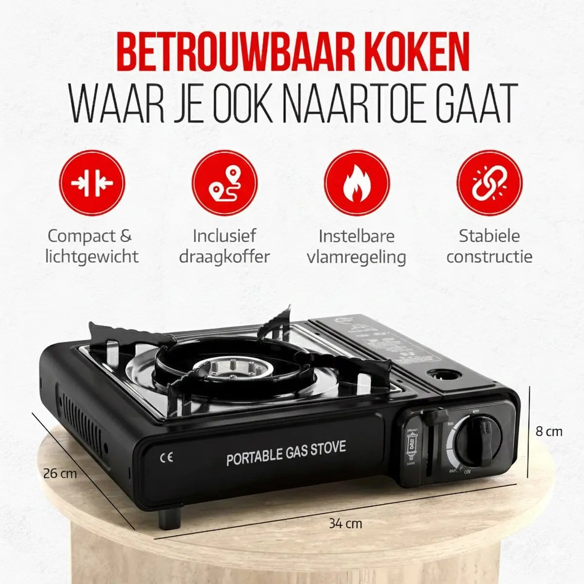 Hikemeister® Camping Kooktoestel 1-Pit 2200W – Incl. 8 Gasbussen & Koffer Stroomuitvalhulp