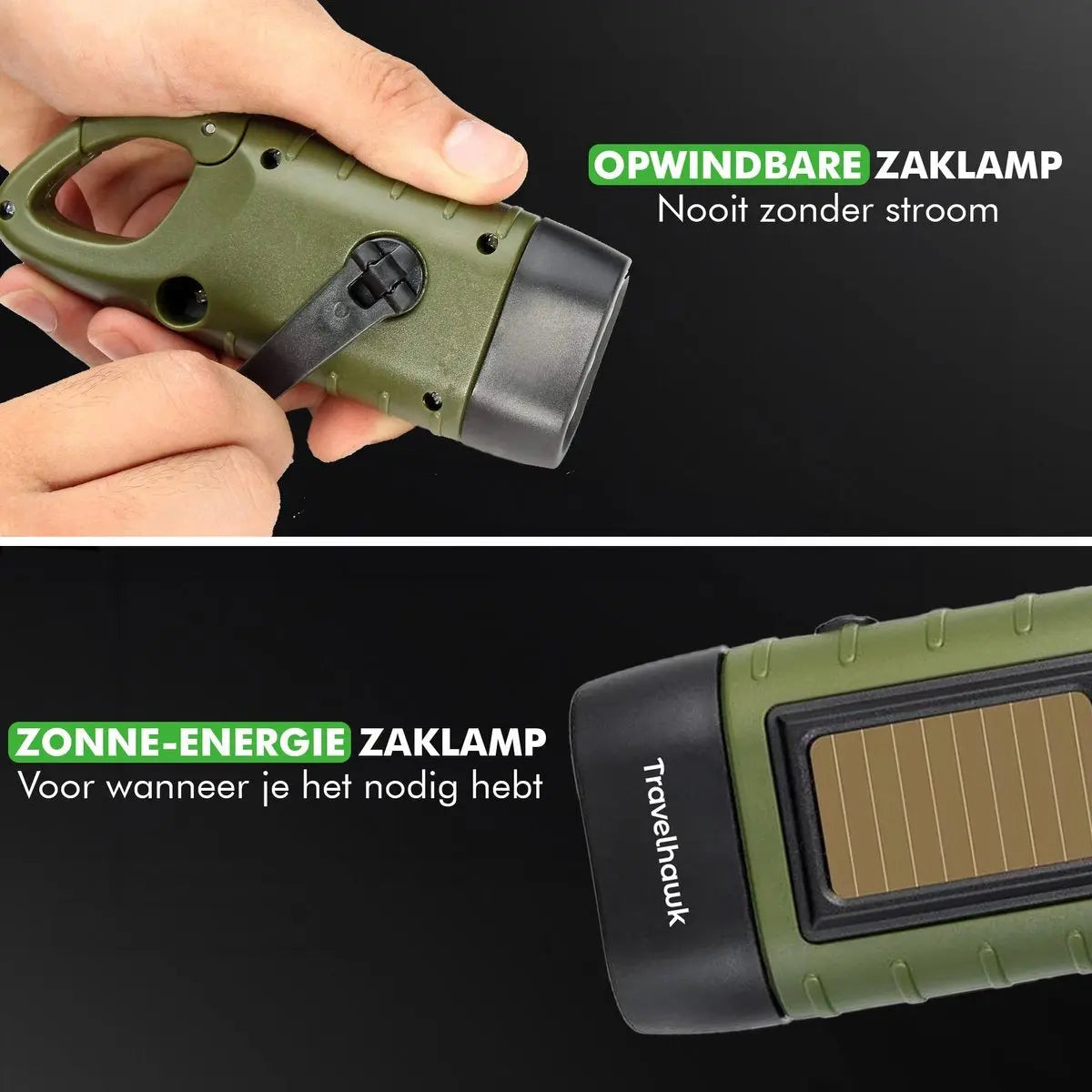 Opwindbare Zaklamp – Dynamo & Zonne-energie – Zonder Batterijen Stroomuitvalhulp