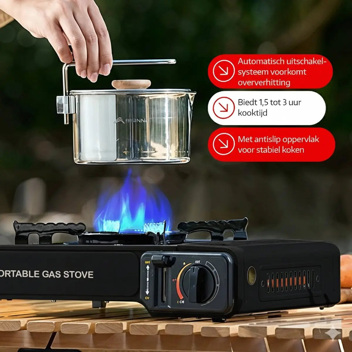 Hikemeister® Camping Kooktoestel 1-Pit 2200W – Incl. 8 Gasbussen & Koffer Stroomuitvalhulp