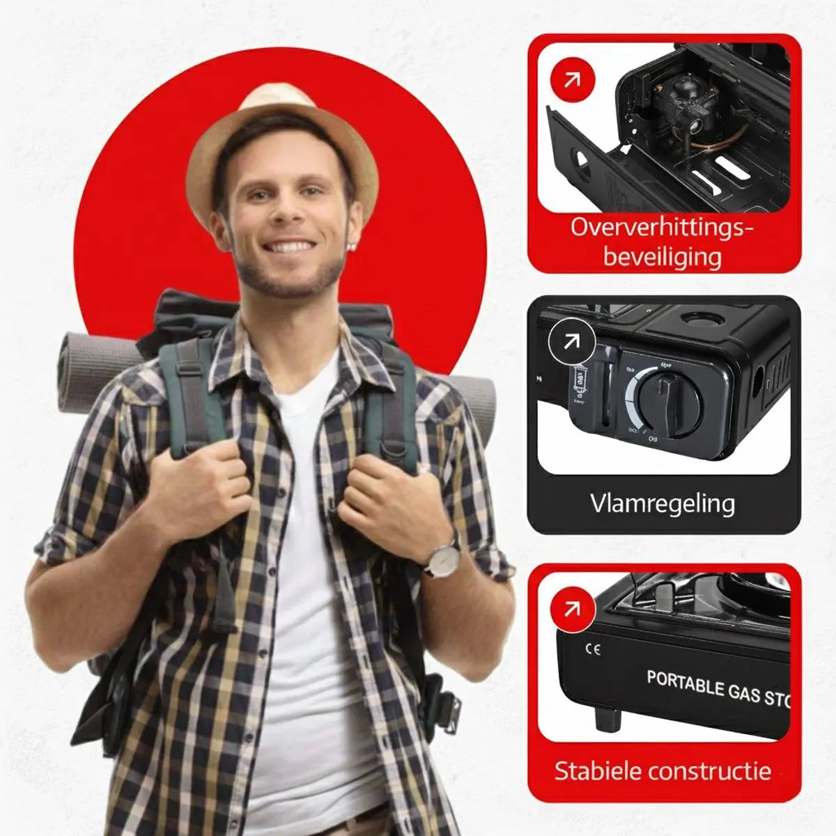 Hikemeister® Camping Kooktoestel 1-Pit 2200W – Incl. 8 Gasbussen & Koffer Stroomuitvalhulp