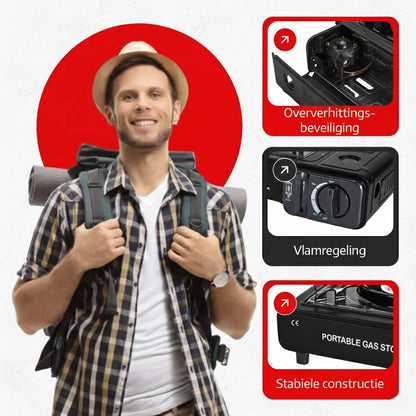 Hikemeister® Camping Kooktoestel 1-Pit 2200W – Incl. 8 Gasbussen & Koffer Stroomuitvalhulp