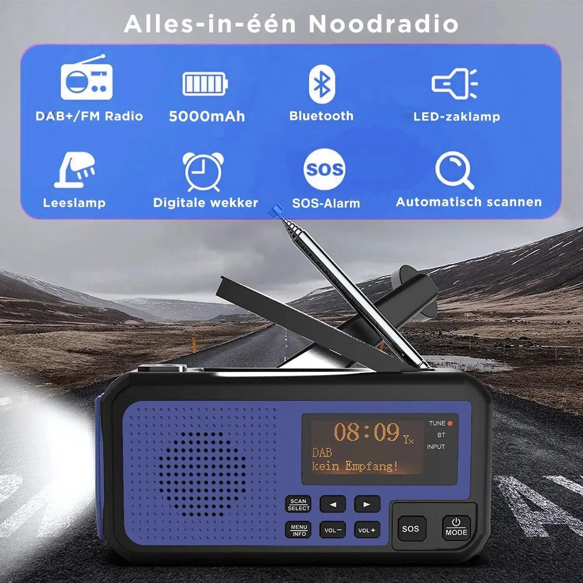 Stroomuitvalhulp | Noodradio Solar & Opwindbaar – 5000mAh Powerbank – DAB+/FM Stroomuitvalhulp